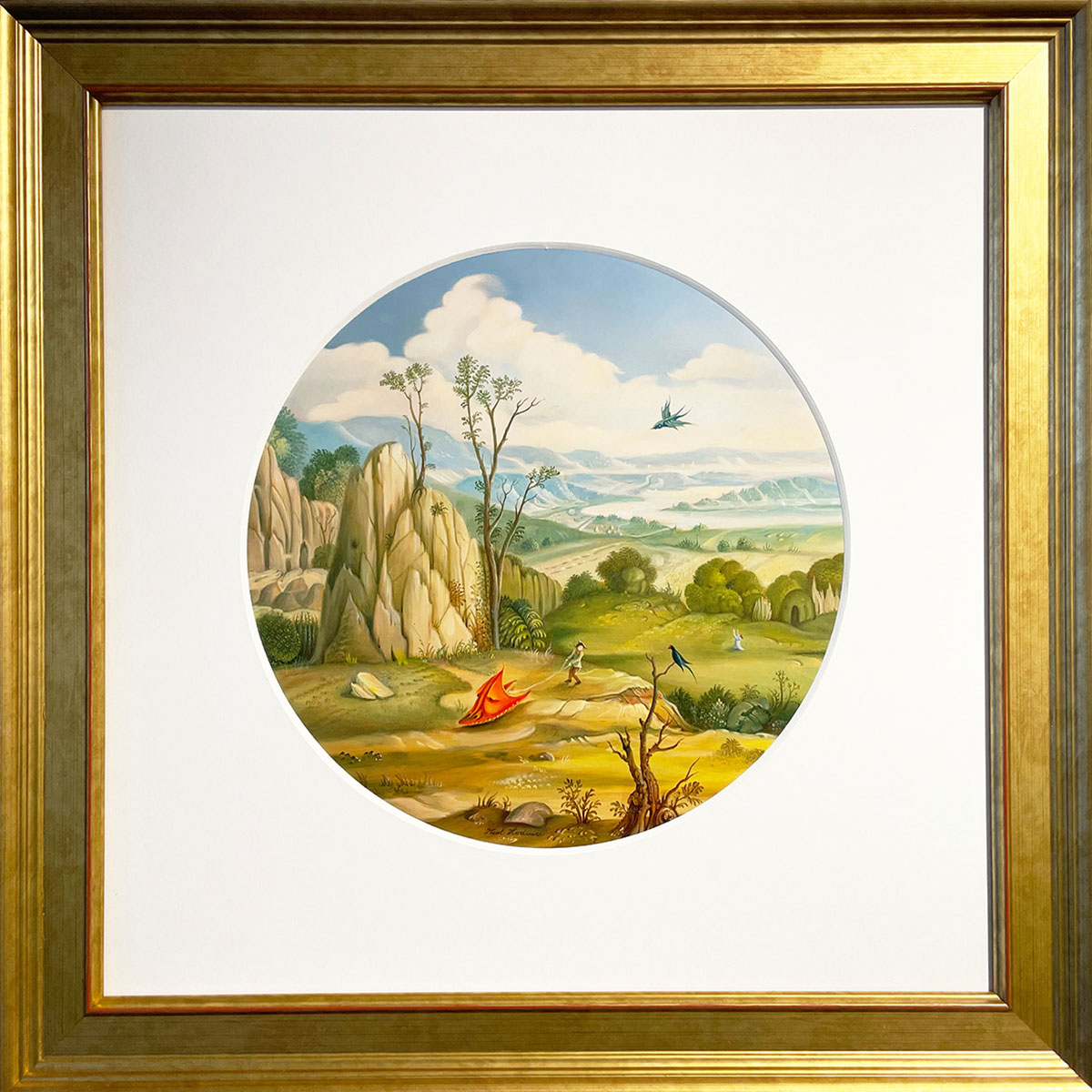 Karl Hodina Der faule Drache, 2010 Unikat, Öl auf Holz (kreisrund) Ø 29 cm / gerahmt 49,5 x 49,5 cm signiert
