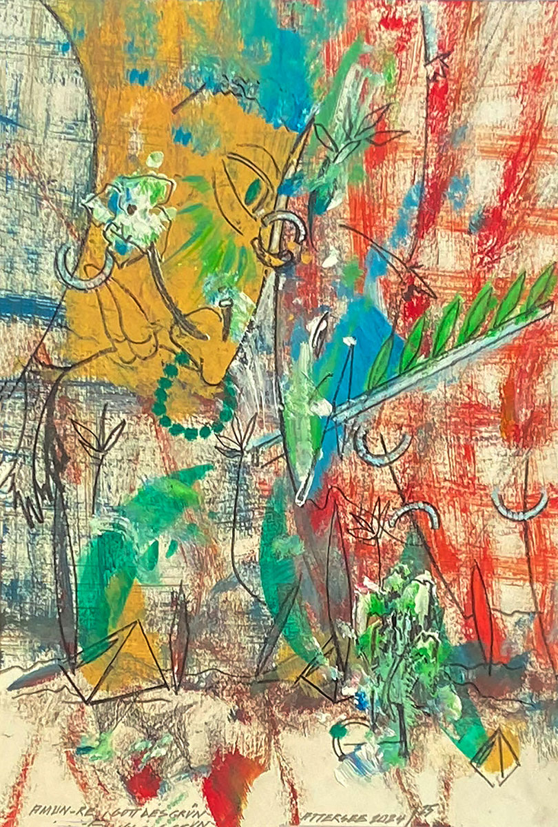Amun-Re, Gott des Grün, 2025 Mischtechnik auf Karton signiert, datiert, betitelt 31,5 x 22 cm / mit Rahmen 51 x 41 cm
