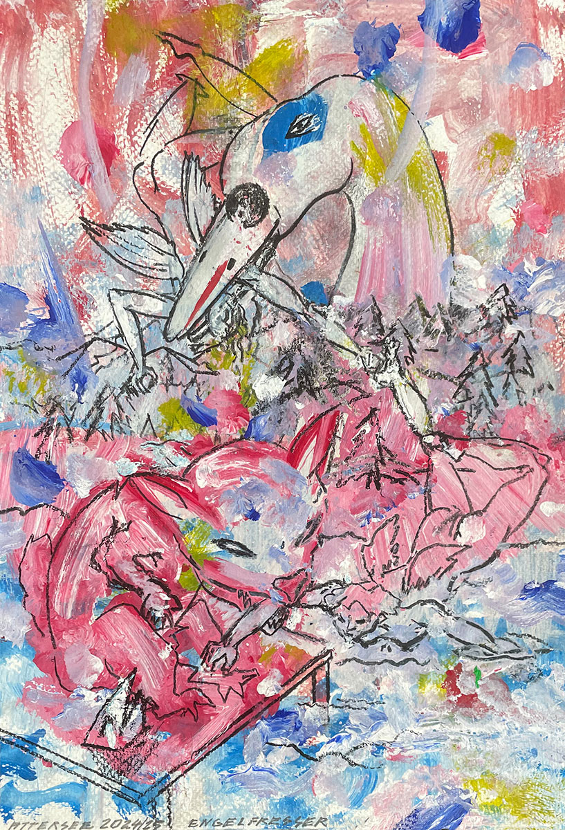 Engelfresser, 2025 Mischtechnik auf Karton signiert, betitelt und datiert 31,5 x 22 cm / mit Rahmen 51 x 41 cm