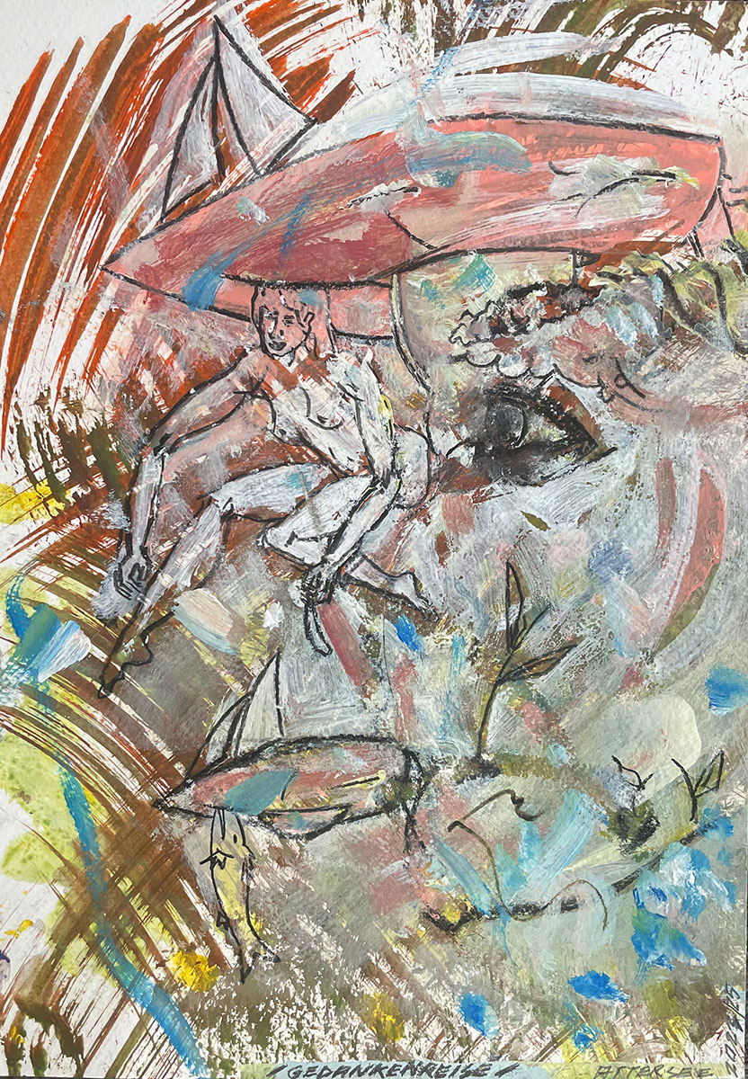 Gedankenreise, 2025 Mischtechnik auf Karton, signiert, datiert, betitelt  31,5 x 22 cm / mit Rahmen 53 x 41 cm