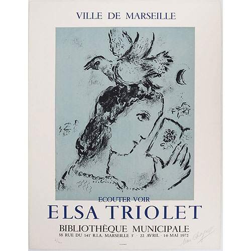 Femme à l'oiseau / Woman with a bird, 1972 lithografisches Plakat vom Künstler für eine Wanderausstellung geschaffen, die Elsa Triolet gewidmet war. Edition: 200, Nummer: 89 signiert und nummeriert, mit Rahmen 81 x 65 cm WV: Sorlier Nr. 642