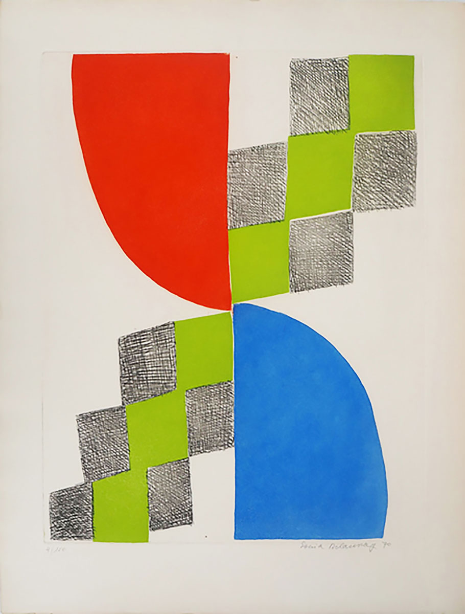 Sonia Delaunay Composition abstraite, 1970 Farbaquatinta und Radierung auf Vélin Arches Auflagenummer: 62/150 signiert mit Bleistift Blattgröße 65,5 x 50 cm, gerahmt 72, 5 x 57 cm