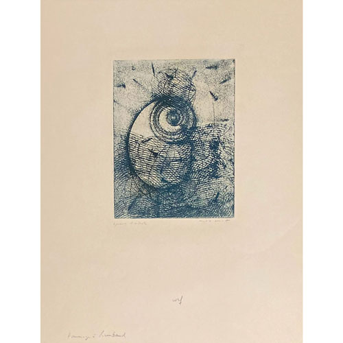 Hommage a Rimbaud, 1961 Radierung mit Aquatinta Radierung mit Aquatinta in grünlich-schwarz auf breitrandigem Velin von Arches. Edition: 97 + 10 EA, Nummer E A (Epreuve d' Artiste) signiert, datiert, bezeichnet  Bild 56 x 44,5 cm, mit Rahmen 52 x 62 cm