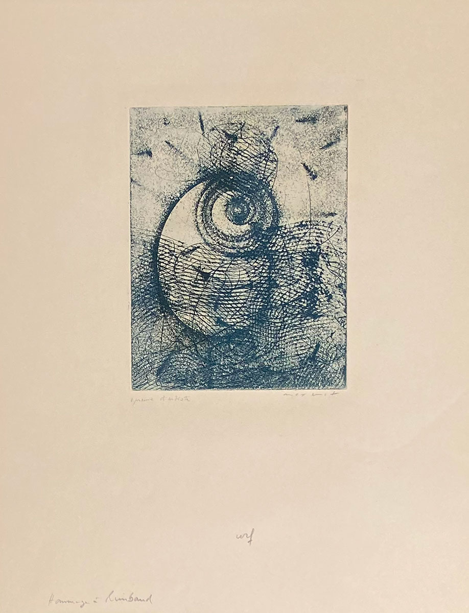 Hommage a Rimbaud, 1961 Radierung mit Aquatinta Radierung mit Aquatinta in grünlich-schwarz auf breitrandigem Velin von Arches. Edition: 97 + 10 EA, Nummer E A (Epreuve d' Artiste) signiert, datiert, bezeichnet  Bild 56 x 44,5 cm, mit Rahmen 52 x 62 cm