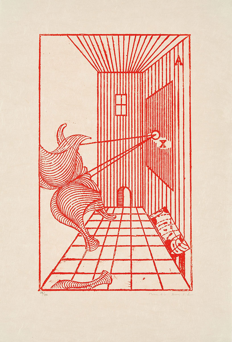 Jenseits der Malerei, 1972 einfärbige, rote Lithographie auf Arches 32,5 x 22 cm, mit Rahmen 39,5 x 52 cm