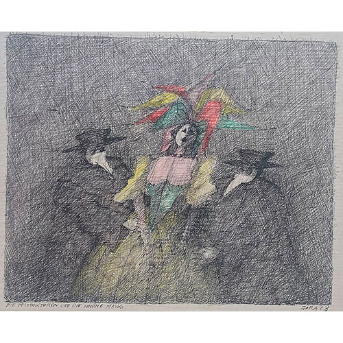Flora Die Pestdoktoren und die schöne Maske, 2008 Tuschefederzeichnung auf Papier 27x 22 cm / 53,5 x 43,5 cm, mit Rahmen  signiert, datiert, bezeichnet