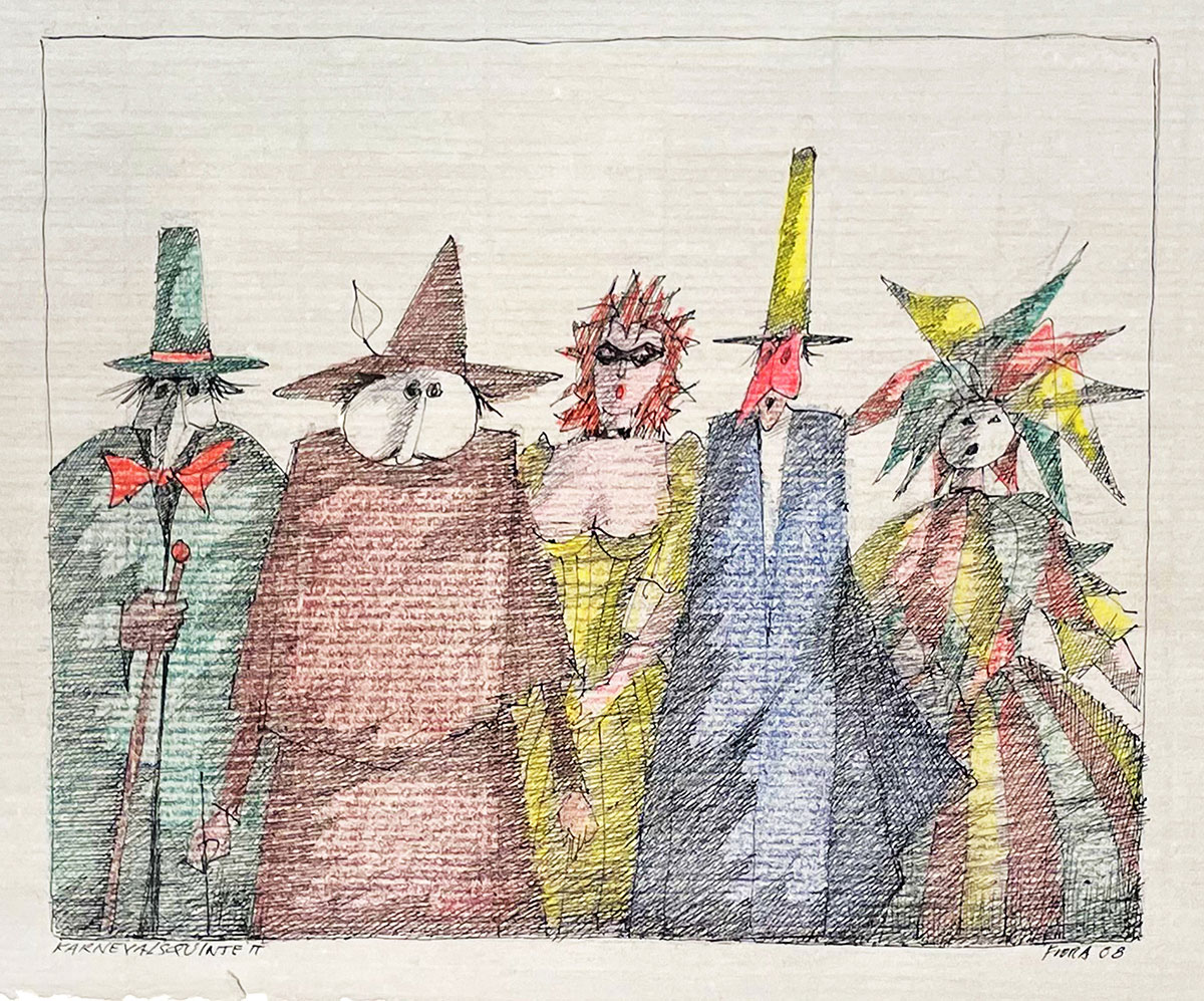 Karnevalsquintett, 2008  Unikat, Tuschefederzeichnung auf Papier 28 x 23 cm / 52 x 44,5 cm, mit Rahmen signiert, datiert, bezeichnet
