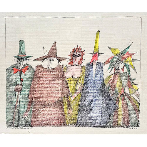 Flora Karnevalsquintett, 2008 Unikat, Tuschefederzeichnung auf Papier 28 x 23 cm / 52 x 44,5 cm, mit Rahmen signiert, datiert, bezeichnet 