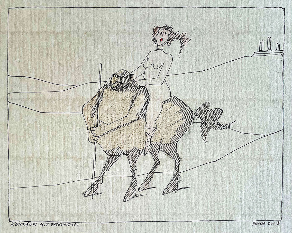 Kentaur mit Freundin, 2003  Unikat, Tuschefederzeichnung auf Papier, 20 x 16 cm / 44,5 x 41 cm, mit Rahmen signiert, datiert, bezeichnet
