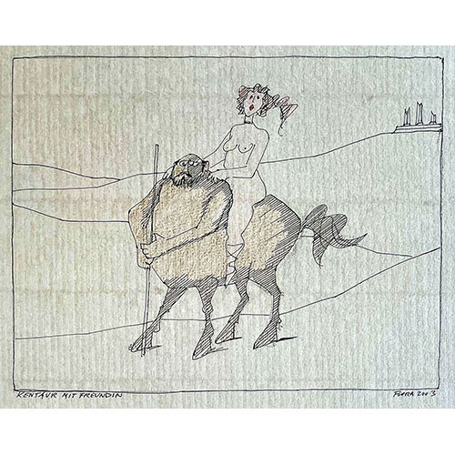 Flora Kentaur mit Freundin, 2003 Unikat, Tuschefederzeichnung auf Papier,  20 x 16 cm / 44,5 x 41 cm, mit Rahmen  signiert, datiert, bezeichnet
