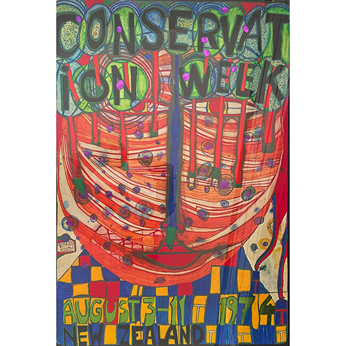 Friedensreich Hundertwasser Conservation Week, 1974 Naturschutzwoche Neuseeland, Offsetlithografie mit Metallfolieneinsätzen, roten und grünen Metallfolieneinsätzen