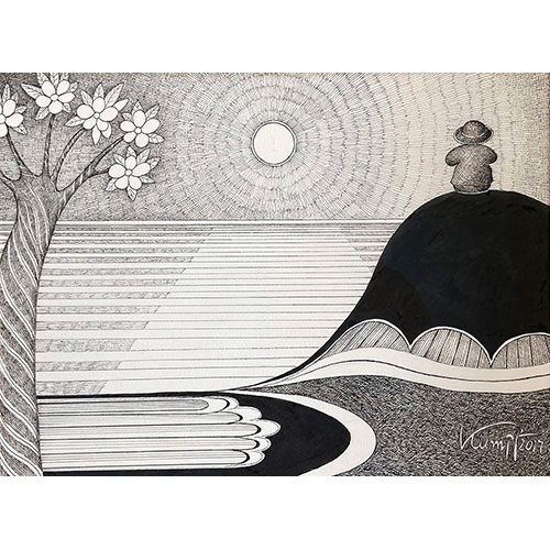 Im Licht der Abendsonne, 2017 Tusche auf Papier signiert Inventarnummer: Z495 Darstellungsgröße: 40 x 30 cm Größe mit Rahmen: 51 x 60 cm