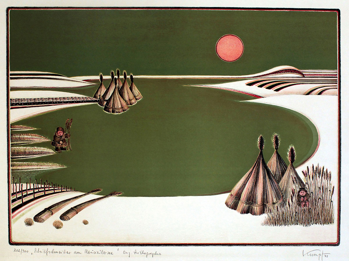 Schilfschneider am Neusiedlersee, 1978 Lithografie Auflage 202/300  Darstellungsgröße: 41 x 56 cm Größe mit Rahmen: 63 x 82 cm