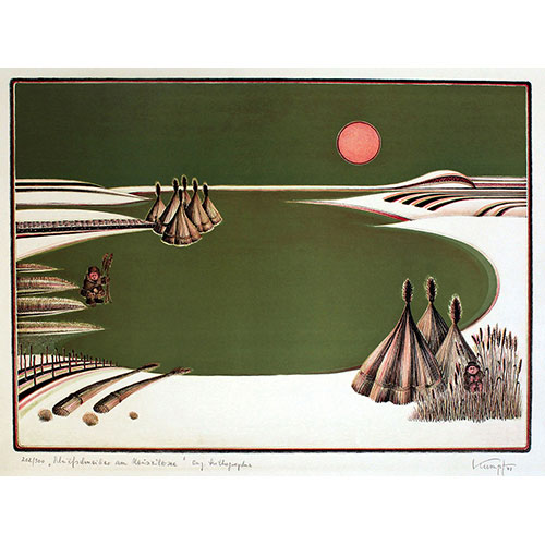 Schilfschneider am Neusiedlersee, 1978 Lithografie Auflage 202/300  Darstellungsgröße: 41 x 56 cm Größe mit Rahmen: 63 x 82 cm