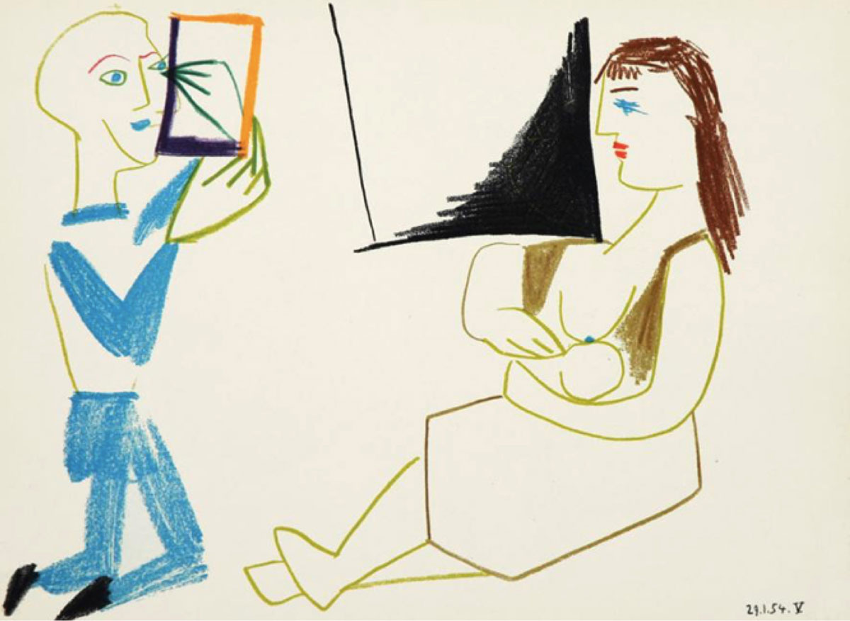 Comédie Humaine 29.1.54.V, 1954  Pablo Picasso aus Verve. Vol. VIII, Band 29/30  Technik Farb-Lithografie Jahr: 1954  Blattgröße: 35,5 x 26,5 cm  gerahmt 44 x 54 cm  Verlag: Tériade, Paris