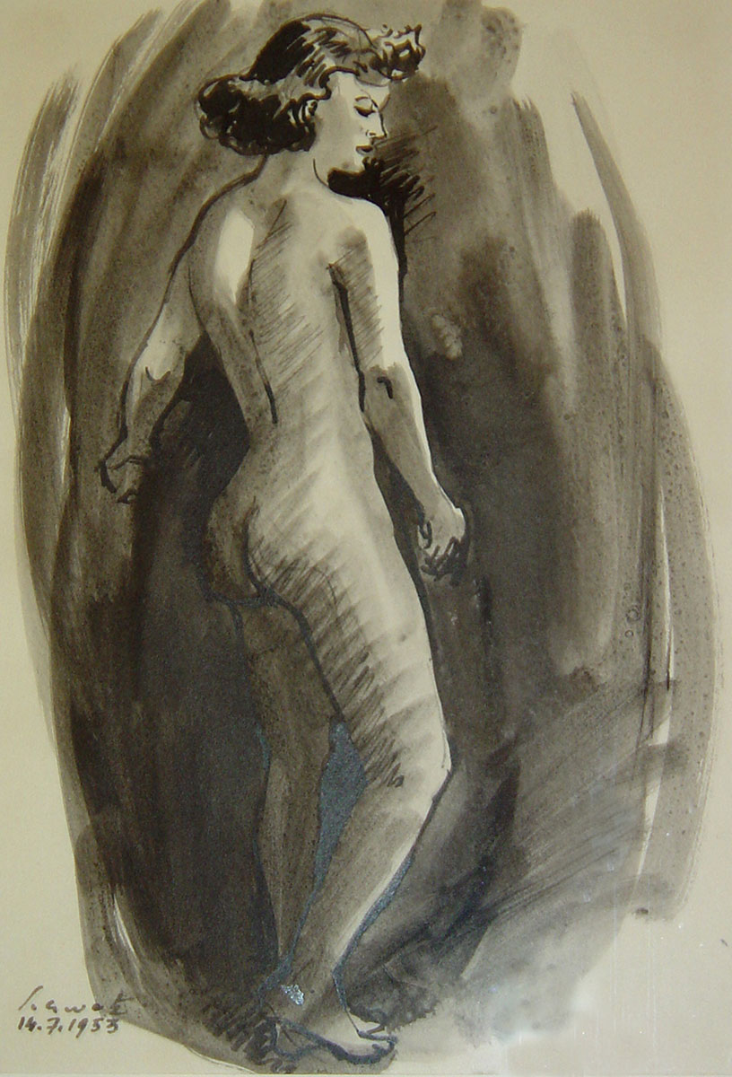 Franz Schwetz, Frauenakt, 1953, Tusche auf Papier, gerahmt 50 x 40 cm, signiert