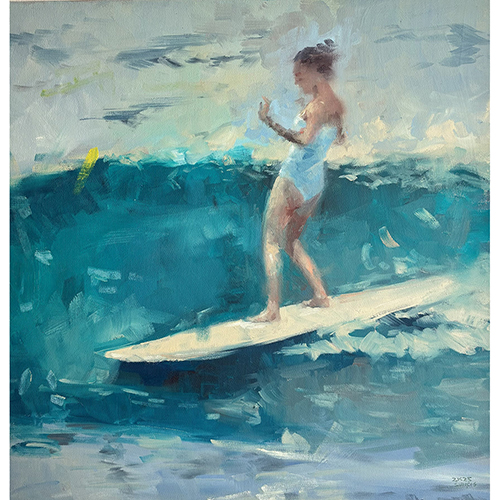 Viktors Svikis, Surferin aus der Serie summer vibes, 2026 Öl auf Leinwand Keilrahmen gespannt 61 x 61cm