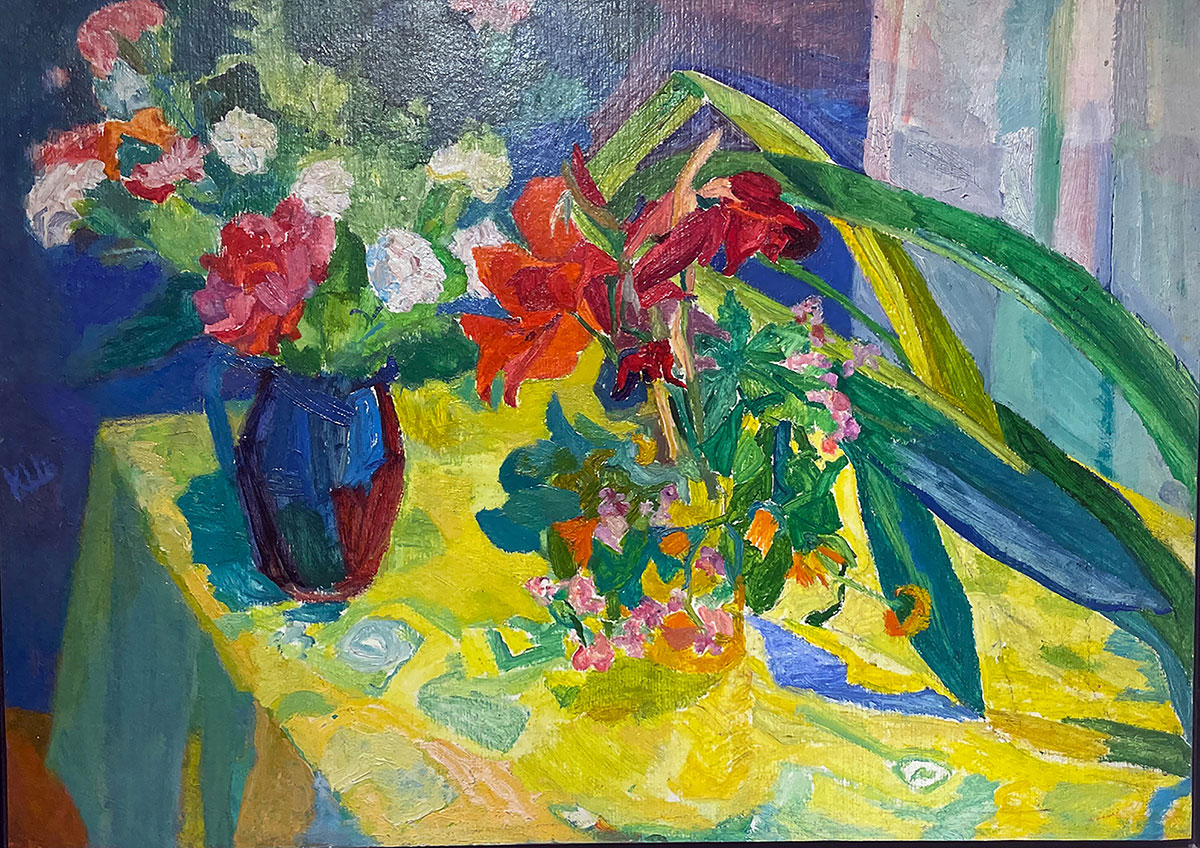 Kostadinka Tsvetkova, Stillleben mit Blumen, 1965, Öl auf Hartfaserplatte, Bildgröße: 48 x 69 cm, gerahmt 57 x 77 cm, signiert