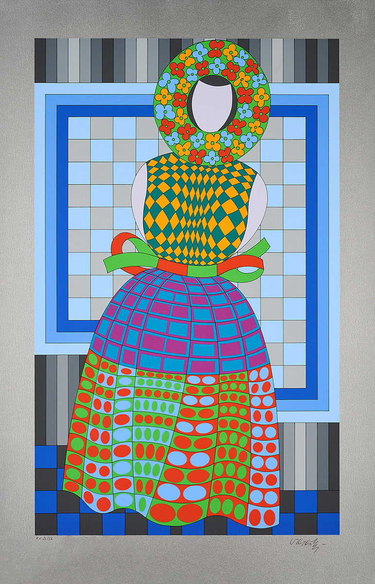 Fille Fleur (Blumenmädchen), 1975 Victor Vasarely Farbserigrafie auf silberfarbigen Karton  Auflage: 56, Nummer 24 signiert, nummeriert Bild  77,5 x 50 cm, mit Rahmen 89 x 61 cm