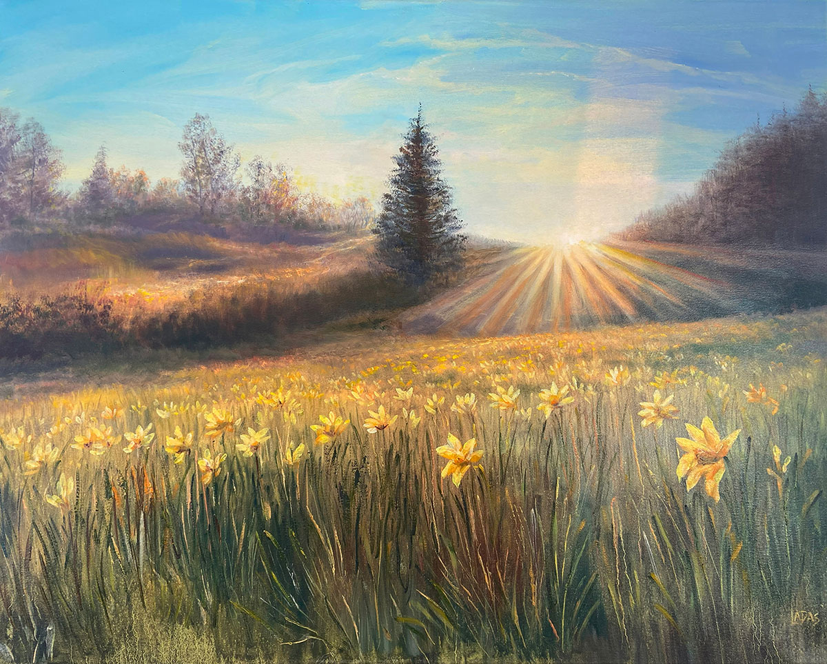 Anneliese Ladas Narzissen Öl auf Leinwand Original, signiert 100 x 80 cm