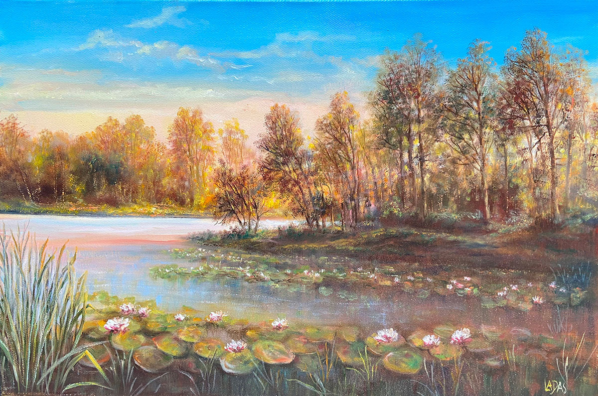 Anneliese Ladas Seerosenfeld Öl auf Leinwand Original, signiert 60 x 40 cm